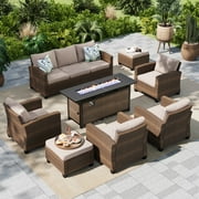MF Studio 9-Seat Outdoor Patio Furniture Set with Fire Pit Wicker Patio Conversation Set Beige