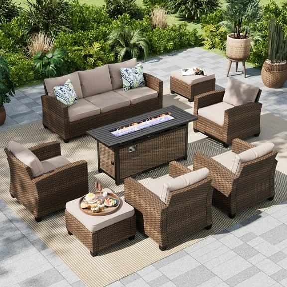 MF Studio 9-Seat Outdoor Patio Furniture Set with Fire Pit Wicker Patio Conversation Set Beige