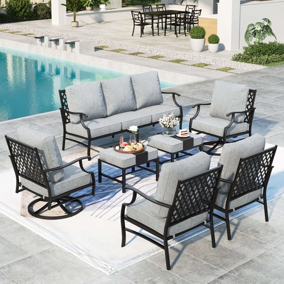 MF Studio 9-Seater Patio Conversation Set Metal Outdoor Furniture Set with Swivel Chairs and Ottomans - Gray