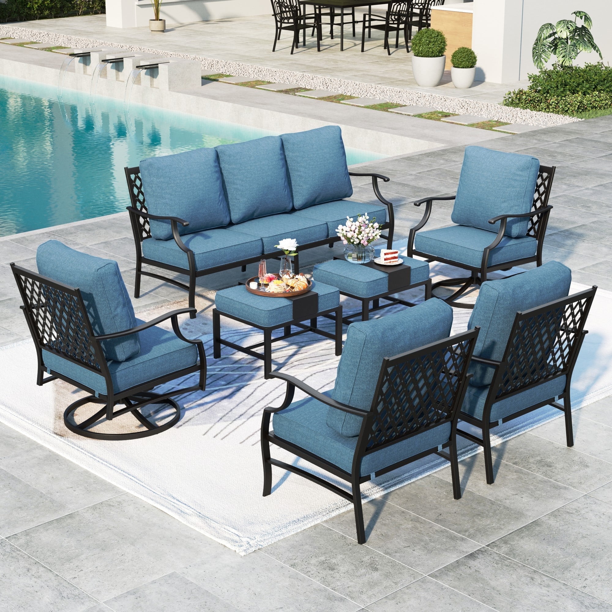 MF Studio 9-Seater Patio Conversation Set Metal Outdoor Furniture Set with Swivel Chairs and Ottomans - Navy Blue