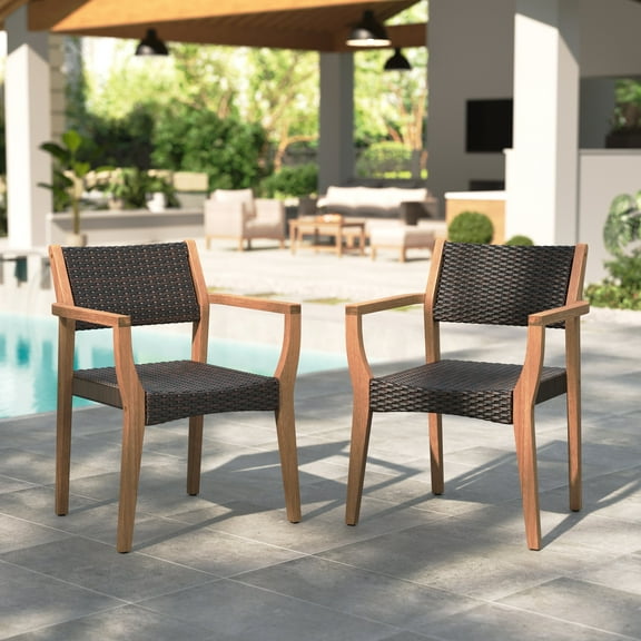 Summit Living Acacia Wood & Wicker Outdoor Patio Dining Chair Set of 2, Dark- Brown