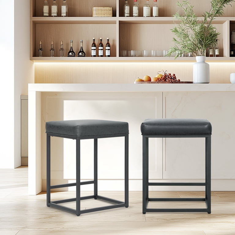 Set Of 2 Backless Bar Stools - 24" Counter Height, Faux Leather, Rubberwood Legs (300lb Capacity)