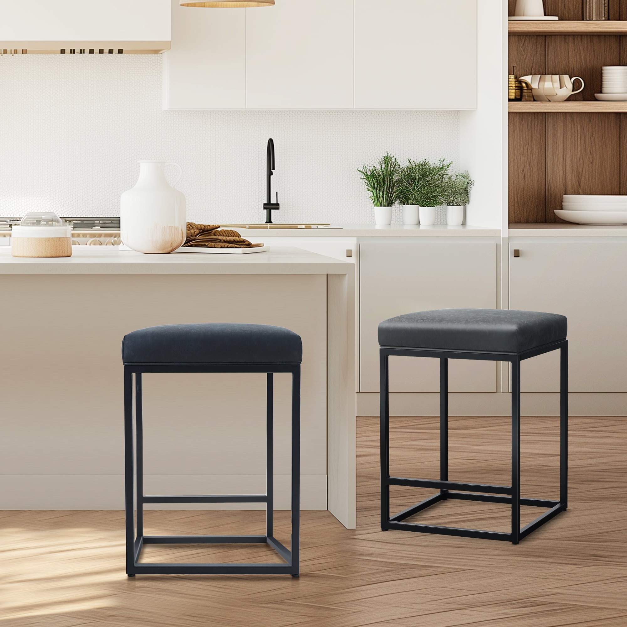 Black Faux Leather and Metal Backless Counter Stools, Set of 2