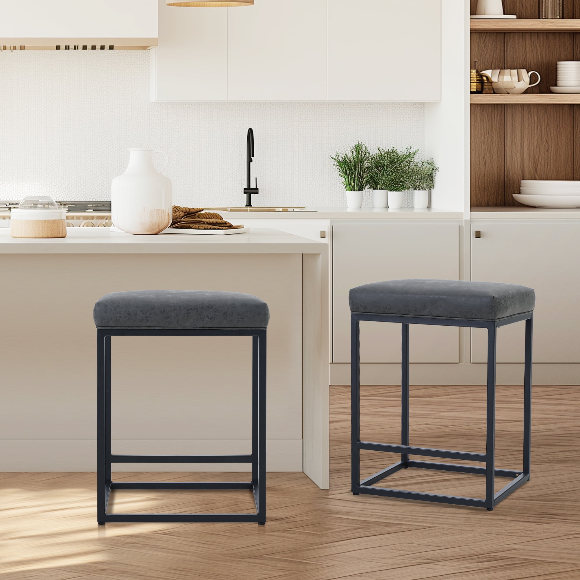Gray Faux Leather and Metal Backless Bar Stools, 24'' Set of 2