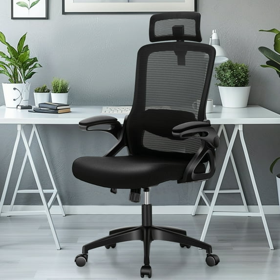 Summit Living Ergonomic Mesh Home Office Chair with Headrest, High Back Computer Desk Chair with Flip-up Armrests, Height Adjustable Lumbar Support, Black
