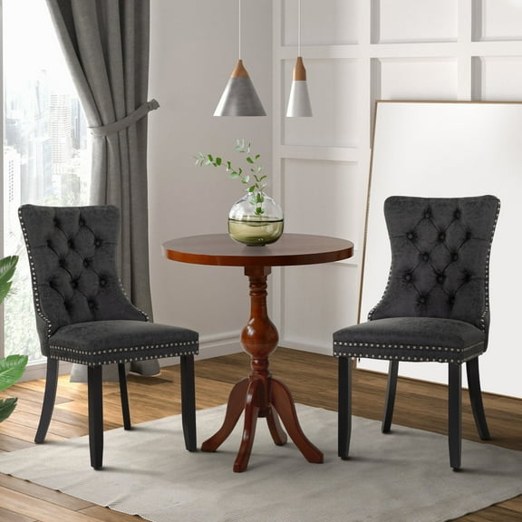 Summit Living Faux Leather Dining Chairs with Solid Wood Legs, Upholstered Button Back Kitchen Dining Room Chairs with Nailhead Trim & Ring Pull Set of 2, Black