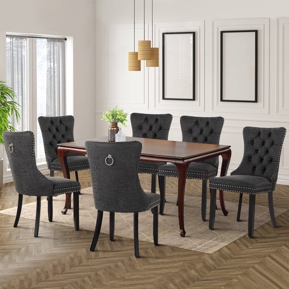Summit Living Faux Leather Dining Chairs with Solid Wood Legs, Upholstered Button Back Kitchen Dining Room Chairs with Nailhead Trim & Ring Pull Set of 6, Black