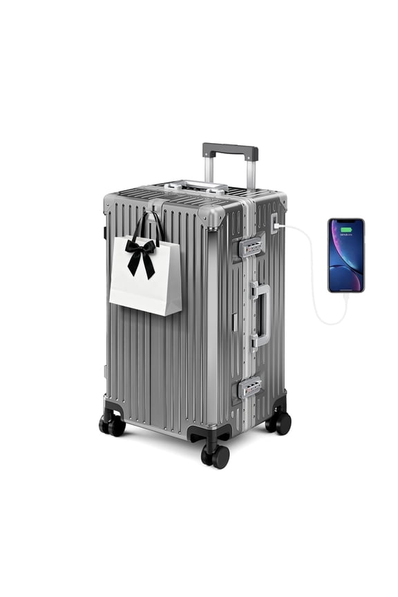 Large Checked Trunk Luggage, 26" Lightweight Zipperless Hardshell Suitcase with Aluminum Frame, PC Hardside,TSA locks, Spinner Wheels, USB Charging Port, Dark Gray