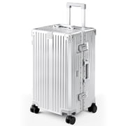 MF Studio 24 Inch Checked Trunk Luggage, Lightweight Zipperless PC Hardshell Suitcase with Aluminum Frame, TSA Locks, Spinner Wheels, USB Charging Port, Siliver Gray