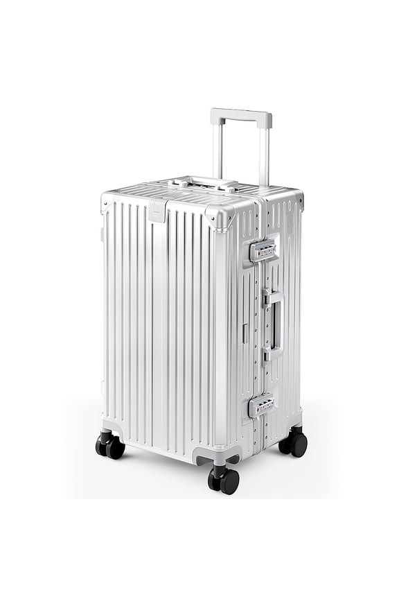 Large Checked Trunk Luggage, 26" Lightweight Zipperless Hardshell Suitcase with Aluminum Frame, PC Hardside, TSA Locks, Spinner Wheels, USB Charging Port, Silver Gray