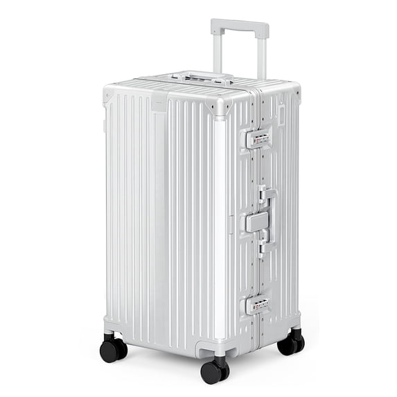MF Studio 28 Inch Checked Trunk Luggage, Lightweight Zipperless PC Hardshell Suitcase with Aluminum Frame, TSA Locks, Spinner Wheels, USB Charging Port, Silver Gray