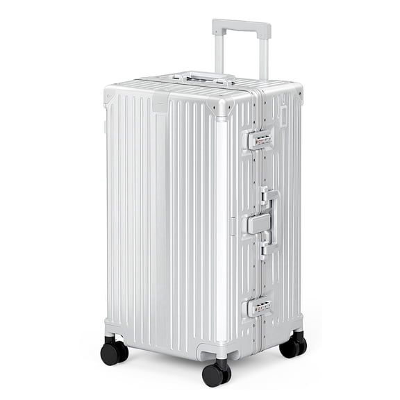 MF Studio 28 Inch Checked Trunk Luggage, Lightweight Zipperless PC Hardshell Suitcase with Aluminum Frame, TSA Locks, Spinner Wheels, USB Charging Port, Silver Gray