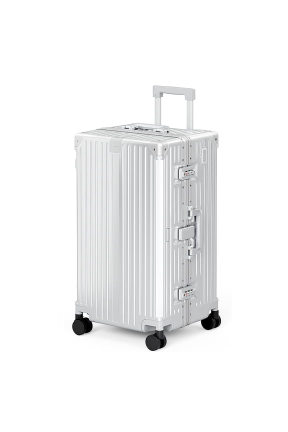 28 Inch Checked Trunk Luggage, Lightweight Zipperless PC Hardshell Suitcase with Aluminum Frame, TSA Locks, Spinner Wheels, USB Charging Port, Silver Gray