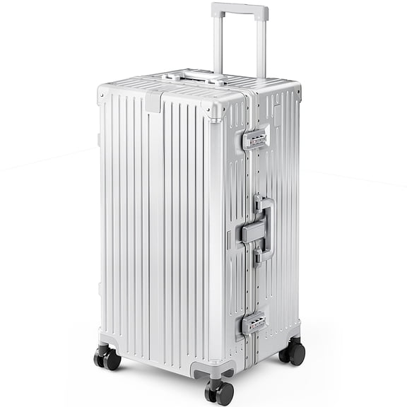 MF Studio Large Checked Trunk Luggage, 30" Lightweight Zipperless Hardshell Suitcase with Aluminum Frame, PC Hardside, TSA locks, Spinner Wheels, USB Charging Port, Silver Gray