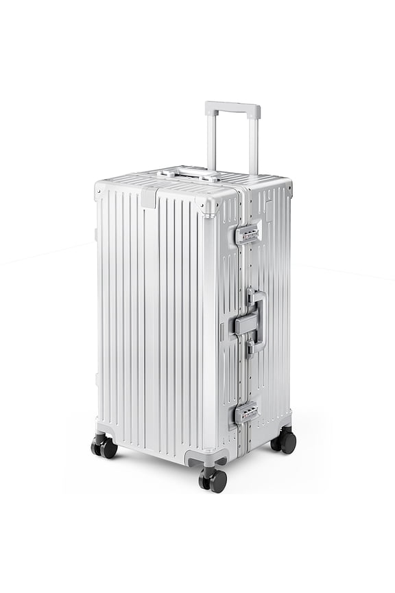 Large Checked Trunk Luggage, 30" Lightweight Zipperless Hardshell Suitcase with Aluminum Frame, PC Hardside, TSA locks, Spinner Wheels, USB Charging Port, Silver Gray