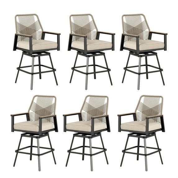 MF Studio Outdoor Bar Stool Set of 6, Swivel Counter Height Patio Chairs with Removable Cushion, All-Weather Rattan Rope Design for Patio, Garden, Kitchen