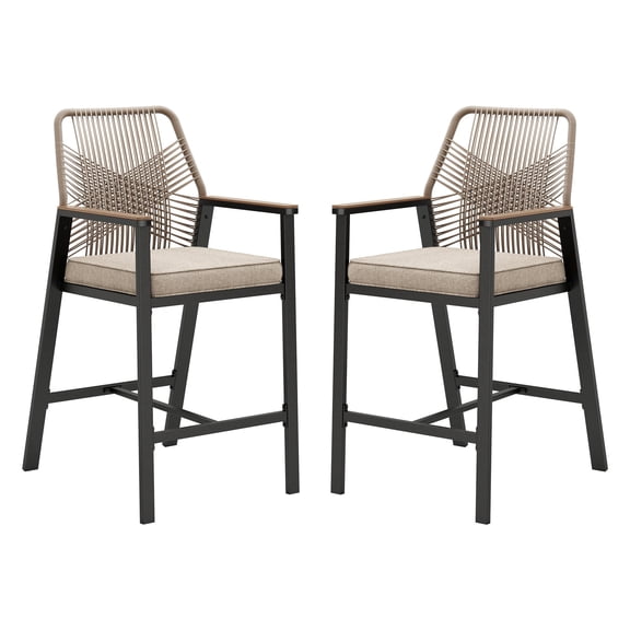 MF Studio Outdoor Bar Stool Set of 2, All-Weather Rattan Patio Counter Height Bar Chairs with Removable Cushion for Patio, Garden, Kitchen