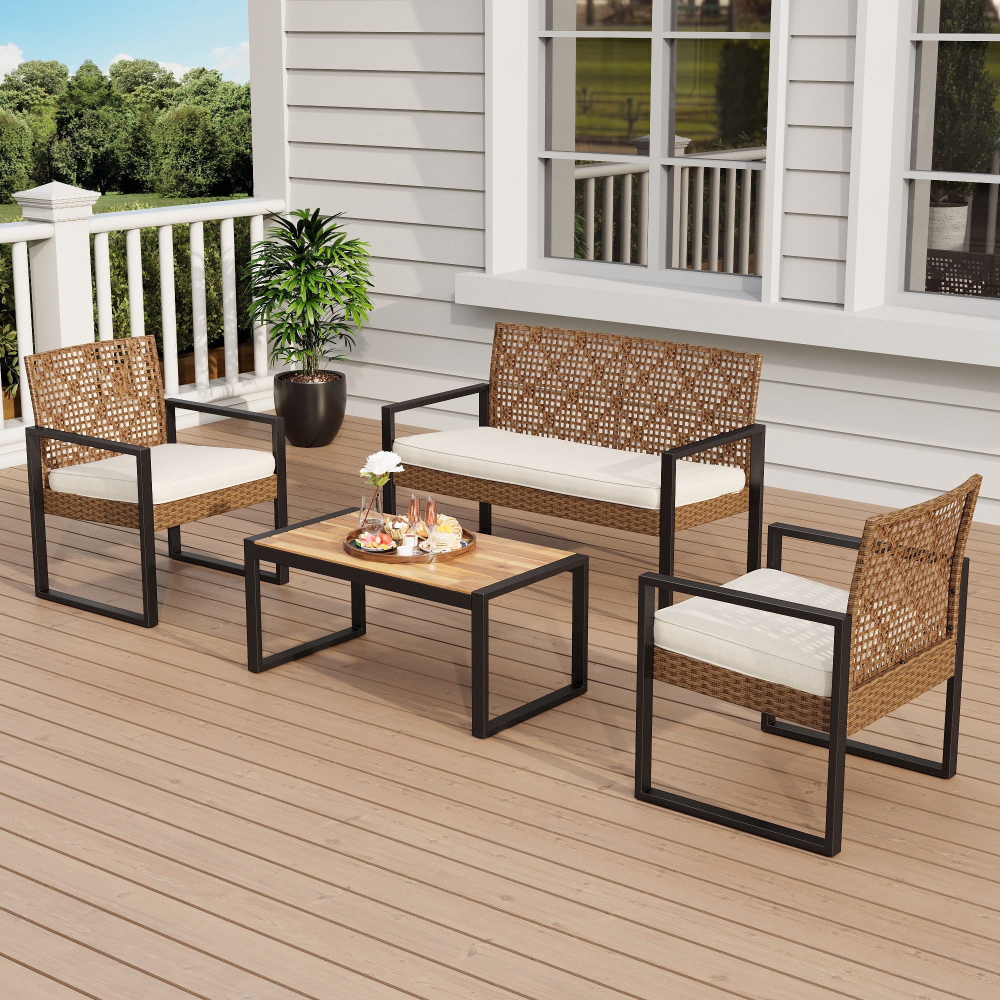 MF Studio 4-Piece Wicker Patio Furniture Set with Acacia Wood Table, Weather-Resistant Outdoor Conversation Set, Brown and Beige