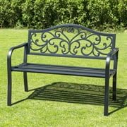 Summit Living Outdoor Garden Bench, Cast Iron Metal Frame Patio Park Bench with Armrests, Black