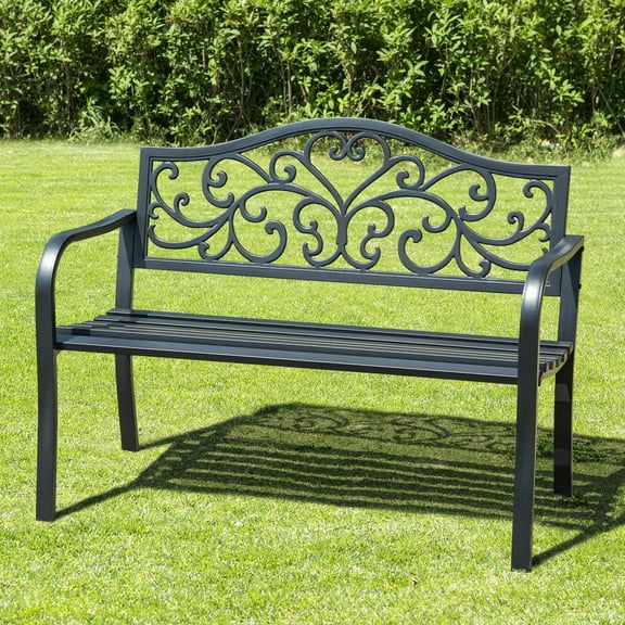 Summit Living Outdoor Garden Bench, Cast Iron Metal Frame Patio Park Bench with Armrests, Black