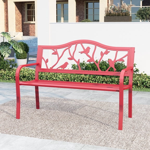 SUMMIT LIVING Outdoor Garden Bench, Metal Patio Park Bench with Armrests for Yard, Deck, Entryway, Red