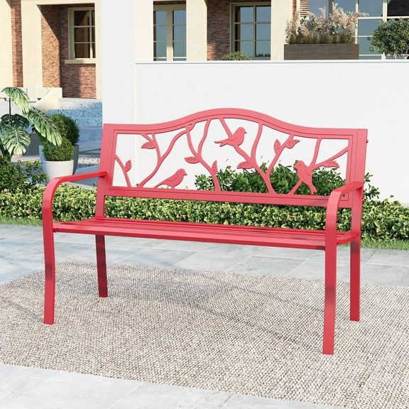 Summit Living Outdoor Garden Bench, Metal Patio Park Bench with Armrests for Yard, Deck, Entryway, Red