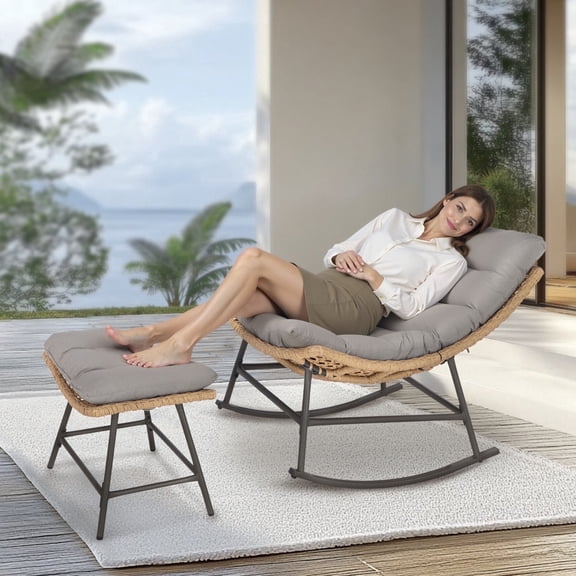 SUMMIT LIVING Outdoor Lounge Chair with Ottoman, Oversized Patio Rocker Recliner Chair with Cushion and Footstool for Porch Deck Garden, Gray