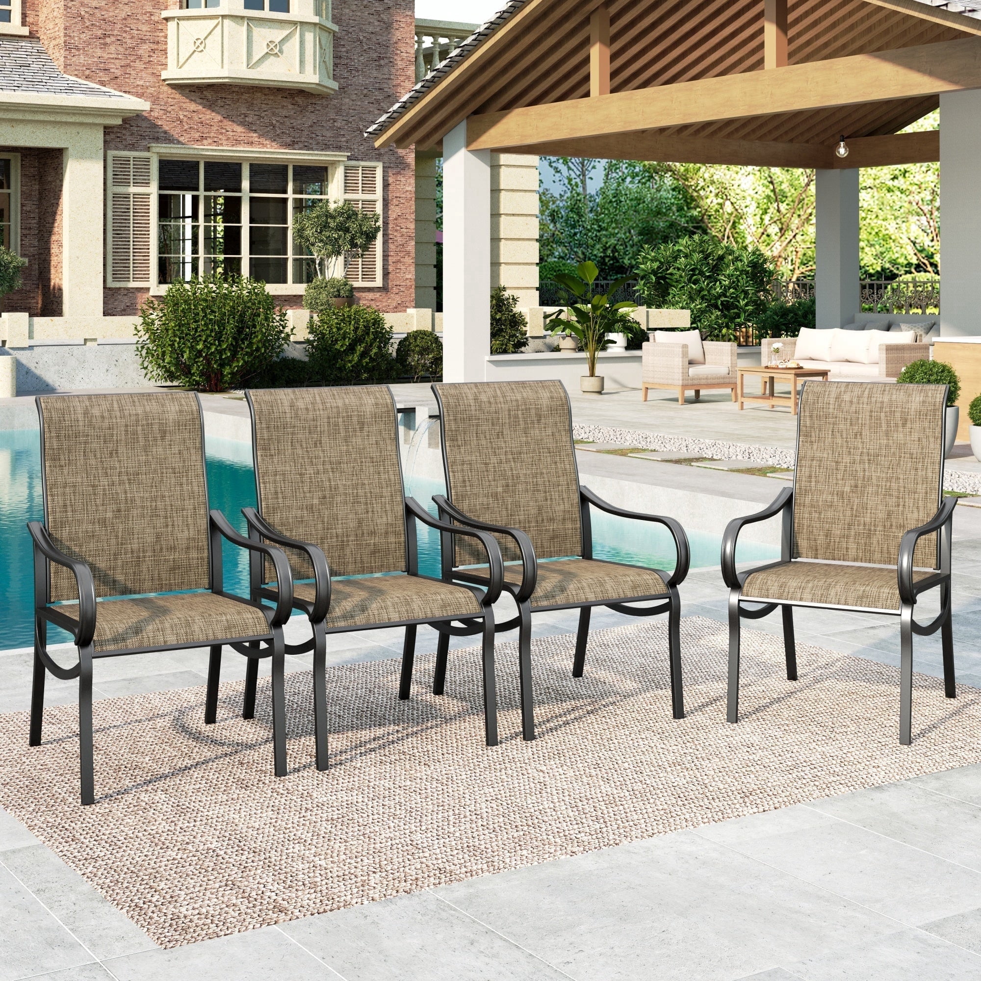 SUMMIT LIVING Outdoor Patio Dining Chairs Set of 4, 4-Piece Textilene Patio Chairs, Black & Brown-gray