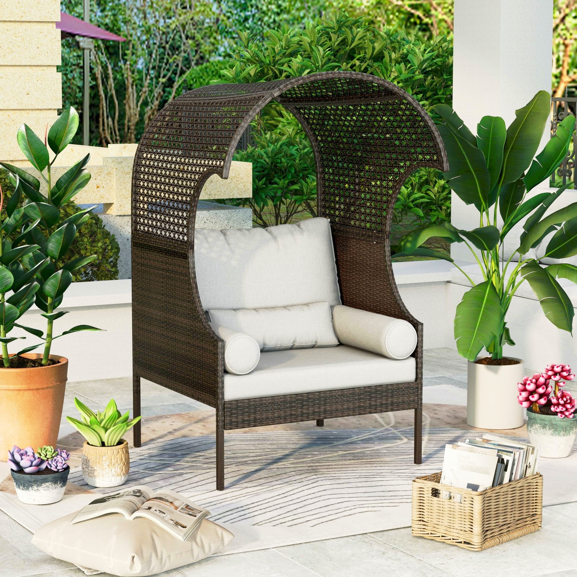 Summit Living Outdoor Patio Lounge Egg Chair, Wicker Chair with Cushions, Oversize single sofa, Brown & Beige