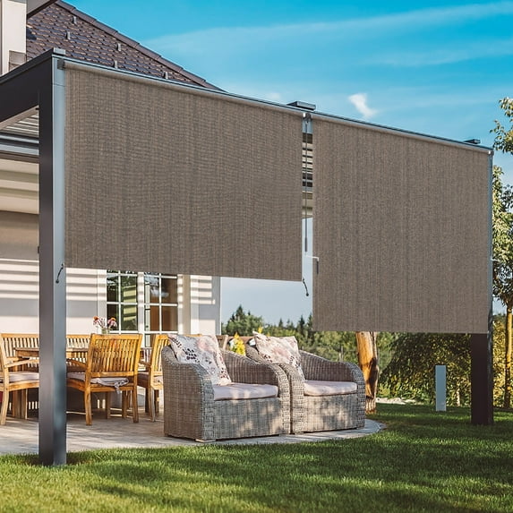 Summit Living Outdoor Patio Roller Sun Shade, Crank Operated Fabric Blind, Cordless Roll Up Shade, W 6 ft x H 6 ft, Coffee Color