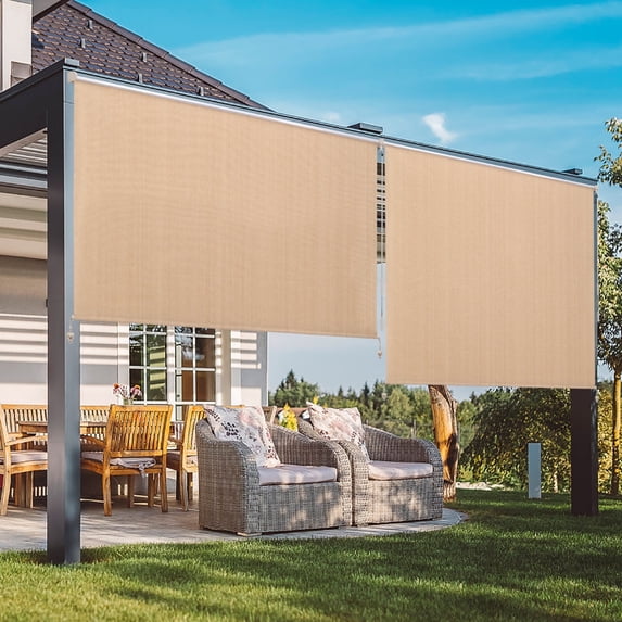 Summit Living Outdoor Patio Roller Sun Shade, Crank Operated Fabric Blind, Cordless Roll Up Shade, W 7 ft x H 8 ft, Beige