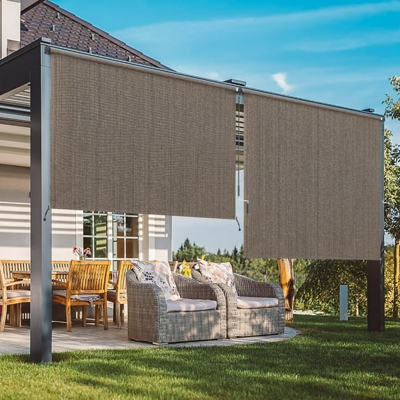 Summit Living Outdoor Patio Roller Sun Shade, Crank Operated Fabric Blind, Cordless Roll Up Shade, W 8 ft x H 8 ft, Coffee Color
