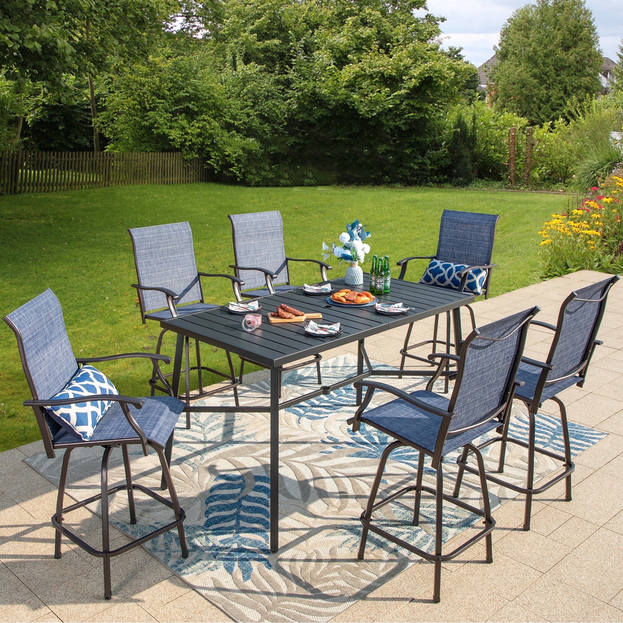 SUMMIT LIVNG Outdoor Swivel Bar Stool Dining Set of 7, 6 Metal Patio Counter Height Textilene Blue Chairs and 1 Metal Bar Table, Blue