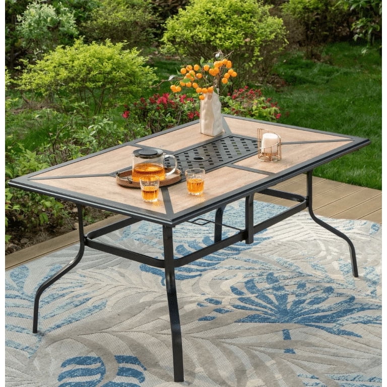faux wood dining set patio umbrella JARDINA 83'' Wooden Outdoor for 8 with Hole Solid Table & Chairs The wide Acacia Wood 7-Piece Patio Dining