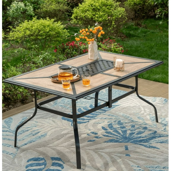 Summit Living Rectangle Outdoor Dining Table with Faux Wood Top & Umbrella Hole for 6-Person, Black