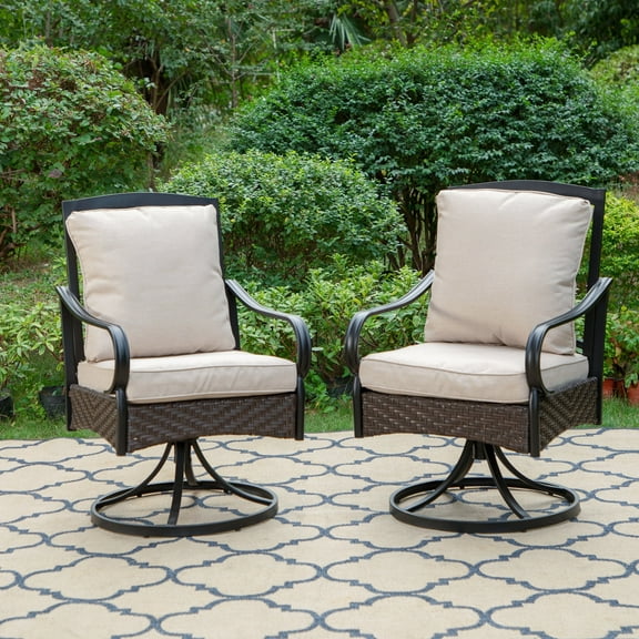 Summit Living Outdoor Patio Swivel Dining Chairs Set of 2 with Cushions, Wicker Outdoor Lounge Chair, Black & Beige