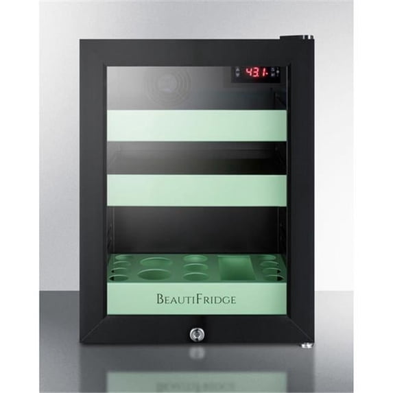 BeautiFridge cosmetics refrigerator with mint shelving and glass door