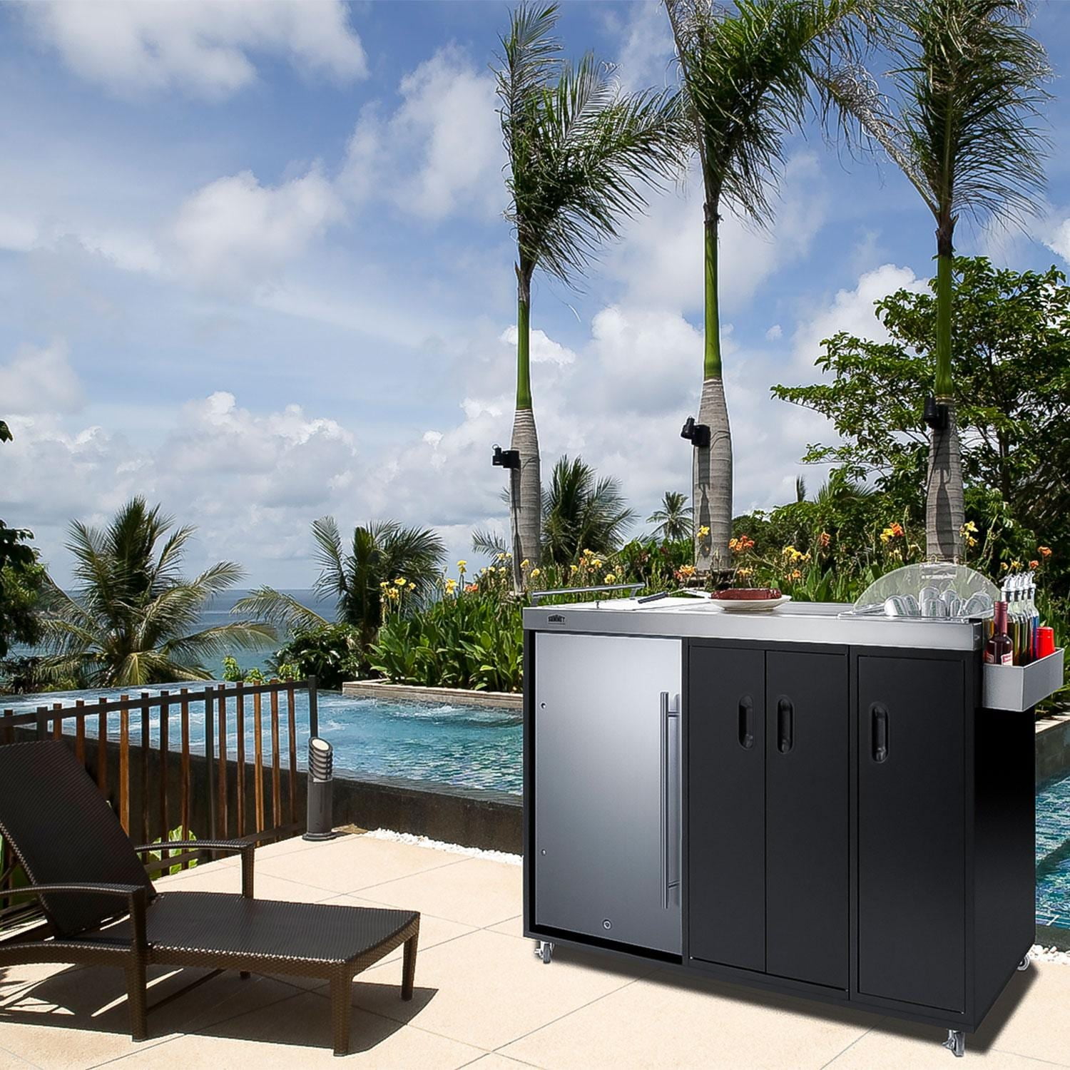 Summit Black and Stainless Steel Outdoor Kitchenette with Sink and Mini Fridge