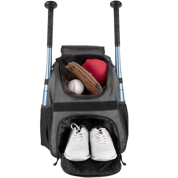 Summit Ridge 17" Baseball Backpack with Bat Holders, Vented Shoe Compartment, Fleece Tech Pocket, Ripstop Sports Bag for Baseball, Softball & Travel (Cool Grey and Black)