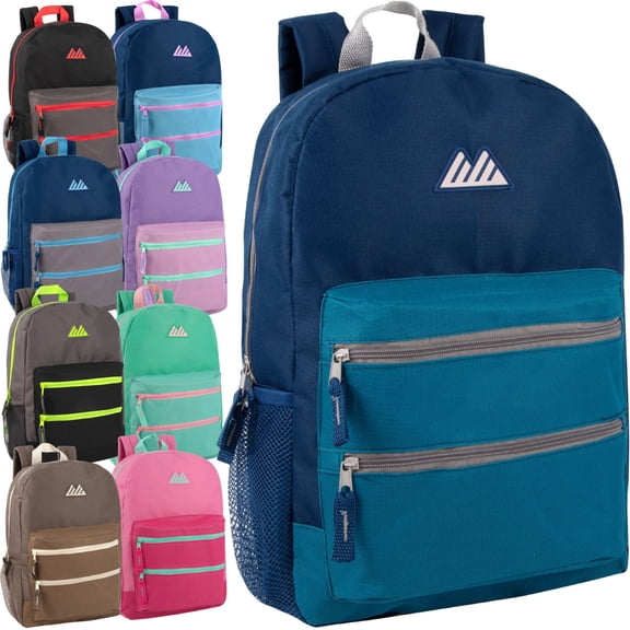 Summit Ridge (24 Pack) Bulk Backpacks for Kids, School, Donation | 17 Inch Multi Pocket Bungee Backpacks Wholesale