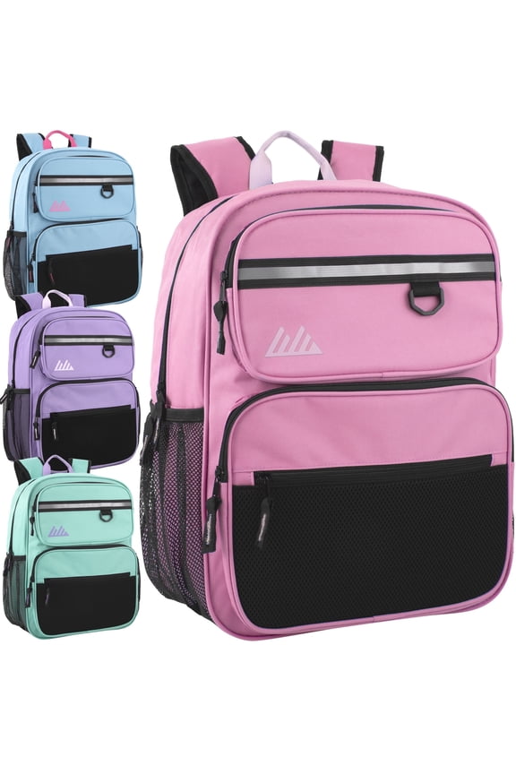 24 Pack Reflective Multipocket 17 Inch Backpacks, Padded Shoulder Straps for Travel, Commute