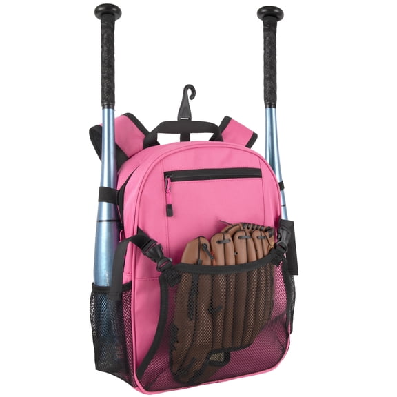 Summit Ridge Youth Baseball 16" Sports Backpack for Kids, Softball, T-Ball & Travel Ball Equipment Gear Organizer (Candy Pink & Black)