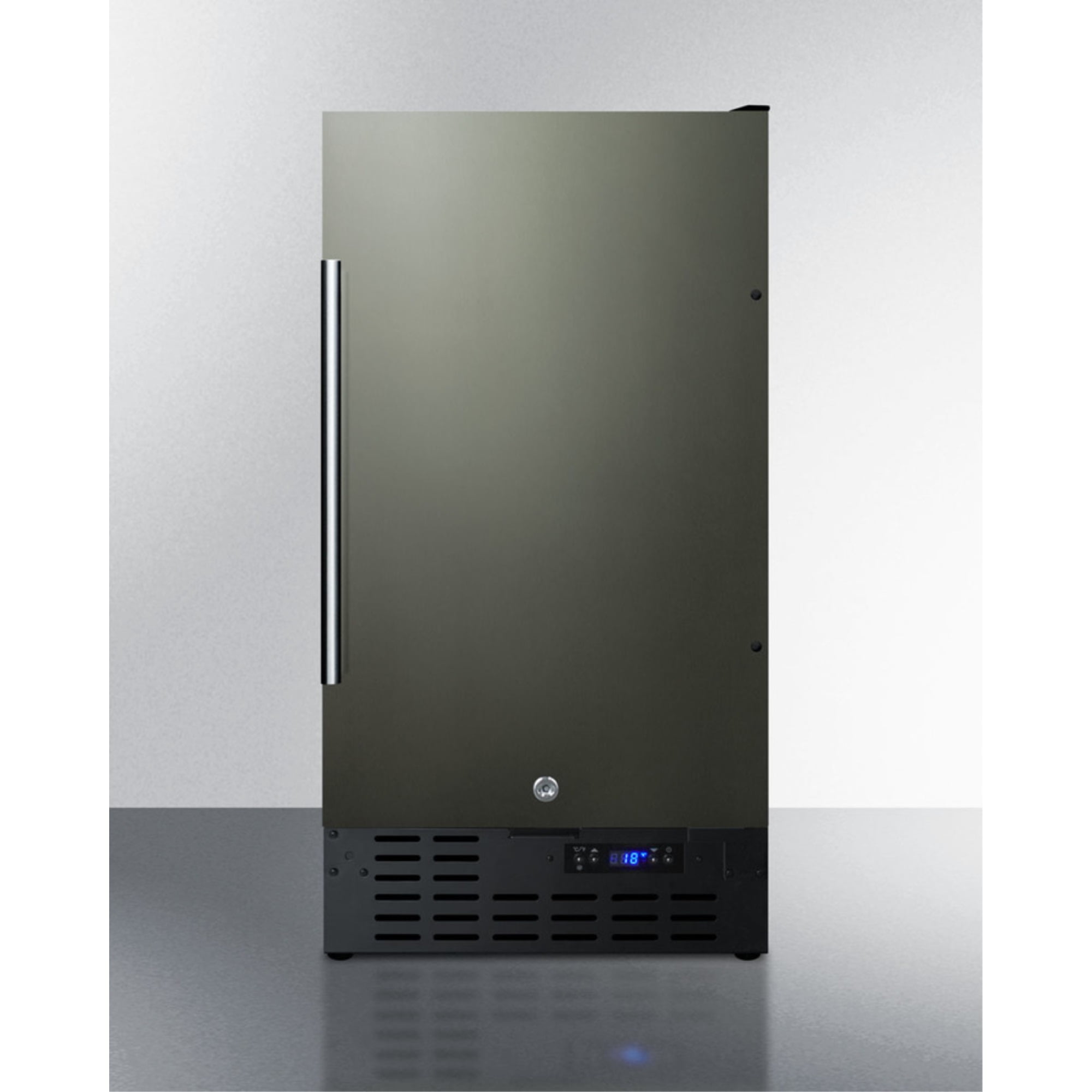 ADA compliant 18" wide built-in undercounter frost-free freezer with black stainless steel door, lock, and digital thermostat