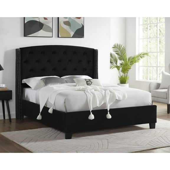 Summit Wingback Tufted Upholstered Bed with Nailhead in Black, King