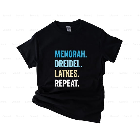 Summit85 Funny Hanukkah Menorah, Dreidel, Latkes, Repeat, Jewish, Premium Unisex T-Shirt – Extended Sizes Up to 5XL New V15076