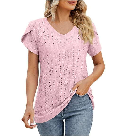 Summmer Inleife Fashion Womens Casual Solid Color V Neck Short Sleeve Tops Loose Blouses Sizes S-XXL