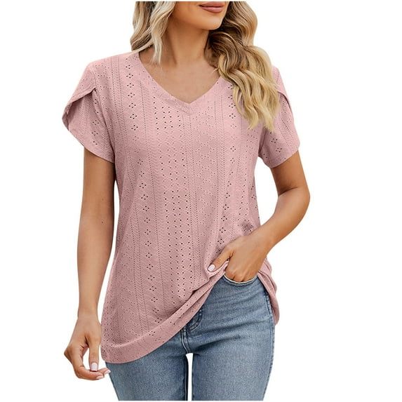 Summmer Inleife Fashion Womens Casual Solid Color V Neck Short Sleeve Tops Loose Blouses Sizes S-XXL