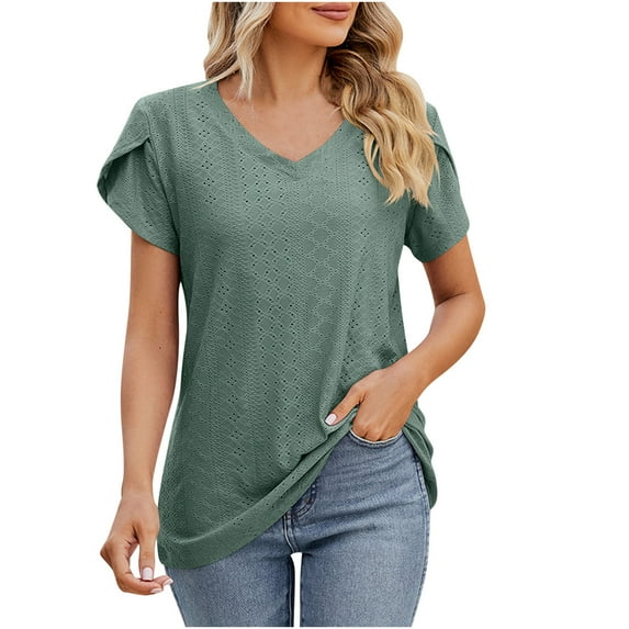 Summmer Inleife Fashion Womens Casual Solid Color V Neck Short Sleeve Tops Loose Blouses Sizes S-XXL