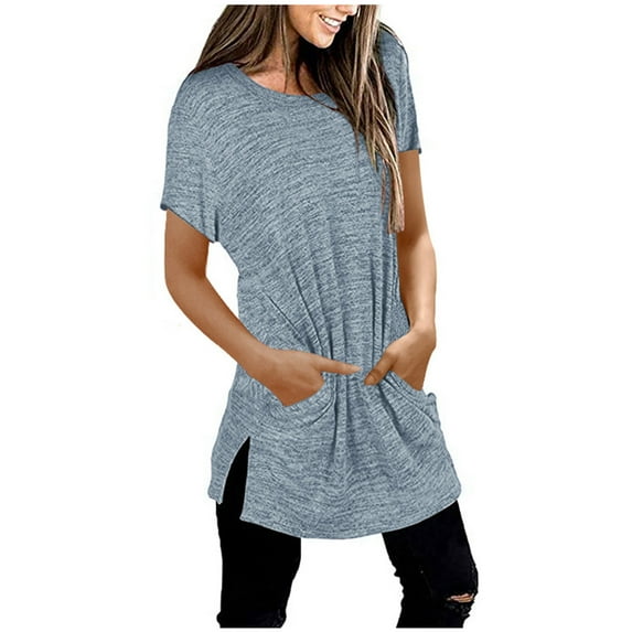 Summmer Inleife Women Fashion Round Neck Solid Pocket T-Shirt Tops Short Sleeve Loose Blouse Sizes S-XXL