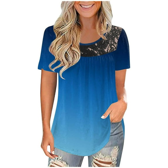 Summmer Inleife Women's Round Neck Short Sleeve Gradient Printing Blouses Casual Summer Tops Tee